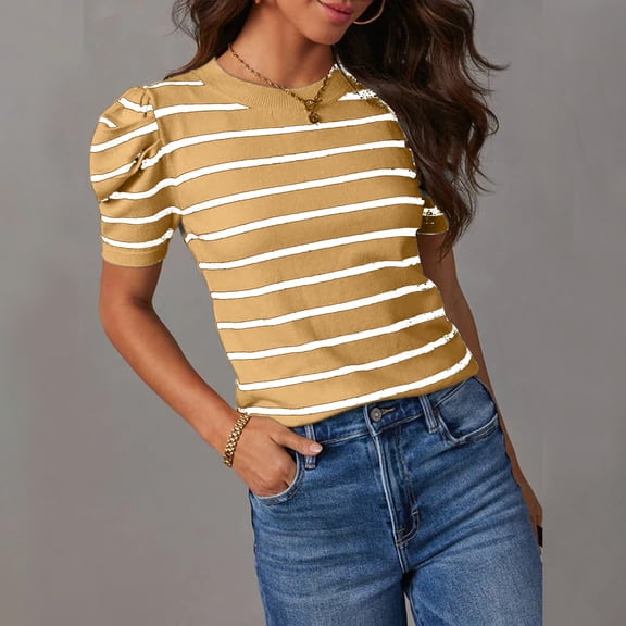 Tugoxie Summer Tops for Women 2024 Gold Striped Short Sleeve Striped Fashion T-Shirts Summer Blouses for Women