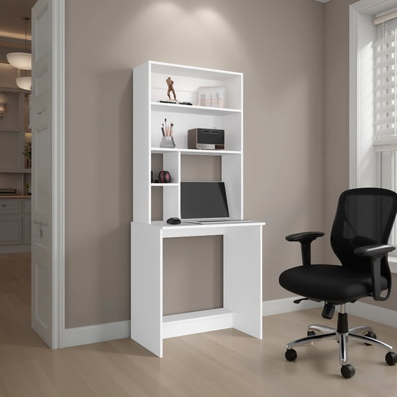 Tuhome Compu Hutch Desk with Four Shelves, One Lower Shelf, Writing Desk, Space-Saving Solution