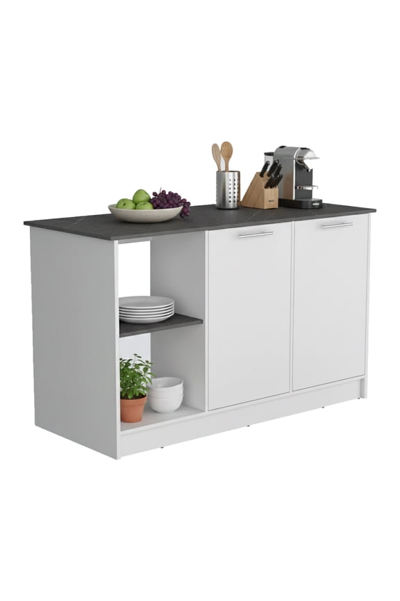 Juniper Kitchen Island with Large Top Surface, Double Door Cabinet, and Open Shelves White / Onyx