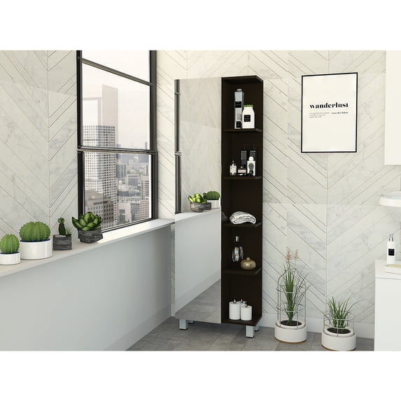 Tuhome Furniture Urano 62" Linen Cabinet with Open Storage and Mirror in Black