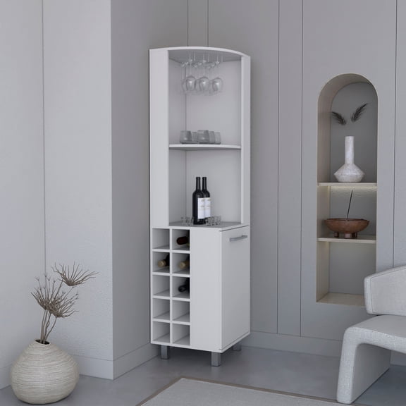 Tuhome Kaia Corner Bar Cabinet with Ten Bottle Cubbies, Four Shelves, Stemware Rack, Space-saving