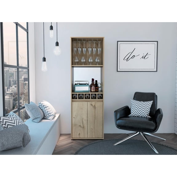 Tuhome Prana Bar Cabinet with Two Shelves, Five Built-In Wine Rack, Double Door Cabinet