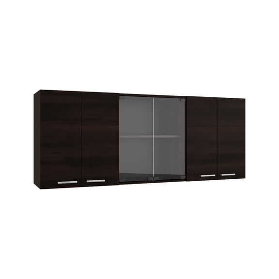 Tuhome Superior 150 Wall Cabinet with Six Doors, Glass Center Display, Built-In Dish Rack, Four Interior Shelves, Double-Door Storage, Kitchen Wall Organizer for Dishes, Cups, and Small Appliances