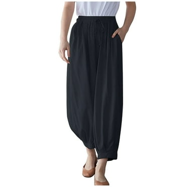 Tuinofas Women Plus Size Pants Lightweight Petite Short Jogger Loose Fit Cotton Linene Pants Elastic Waist Baggy Pants Casual Slacks Versatile Trousers with Pockets