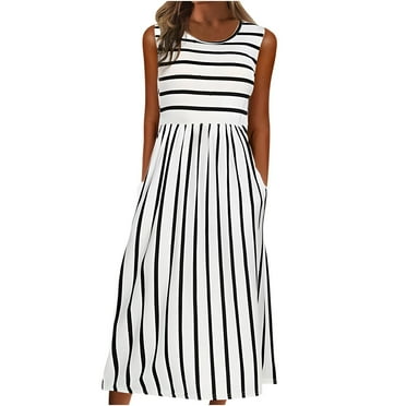Tuinofas Women's Summer Sleeveless Striped Flowy Casual Long Maxi Dress with Pockets