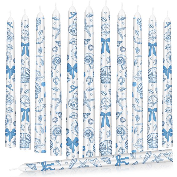 Tujoe 12 Pcs Summer Ocean Taper Candles Beach Shells Pearls Burning Candles 10 Inch Tall for Blue Bow Birthday Tablescape Seaside Shower Accessory Summer Table Decorations Y101
