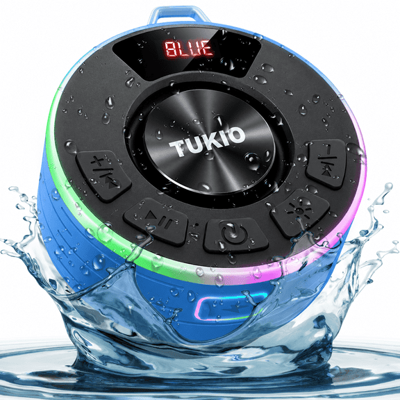 Tukio Bluetooth Speaker, IPX7 Waterproof Shower Speaker with Suction Cup, Mini Portable Speaker, 12H Playtime, Bluetooth 5.4, 360° Sound, RGB LED, Hands-Free Calls, Outdoor Pool Beach Gifts, Blue