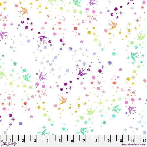 Cotton Tula Pink True Colors Fairy Dust Birds Stars Circles Dots Magical Free Spirit White Cotton Fabric Print by the Yard (PWTP133.WHITE)
