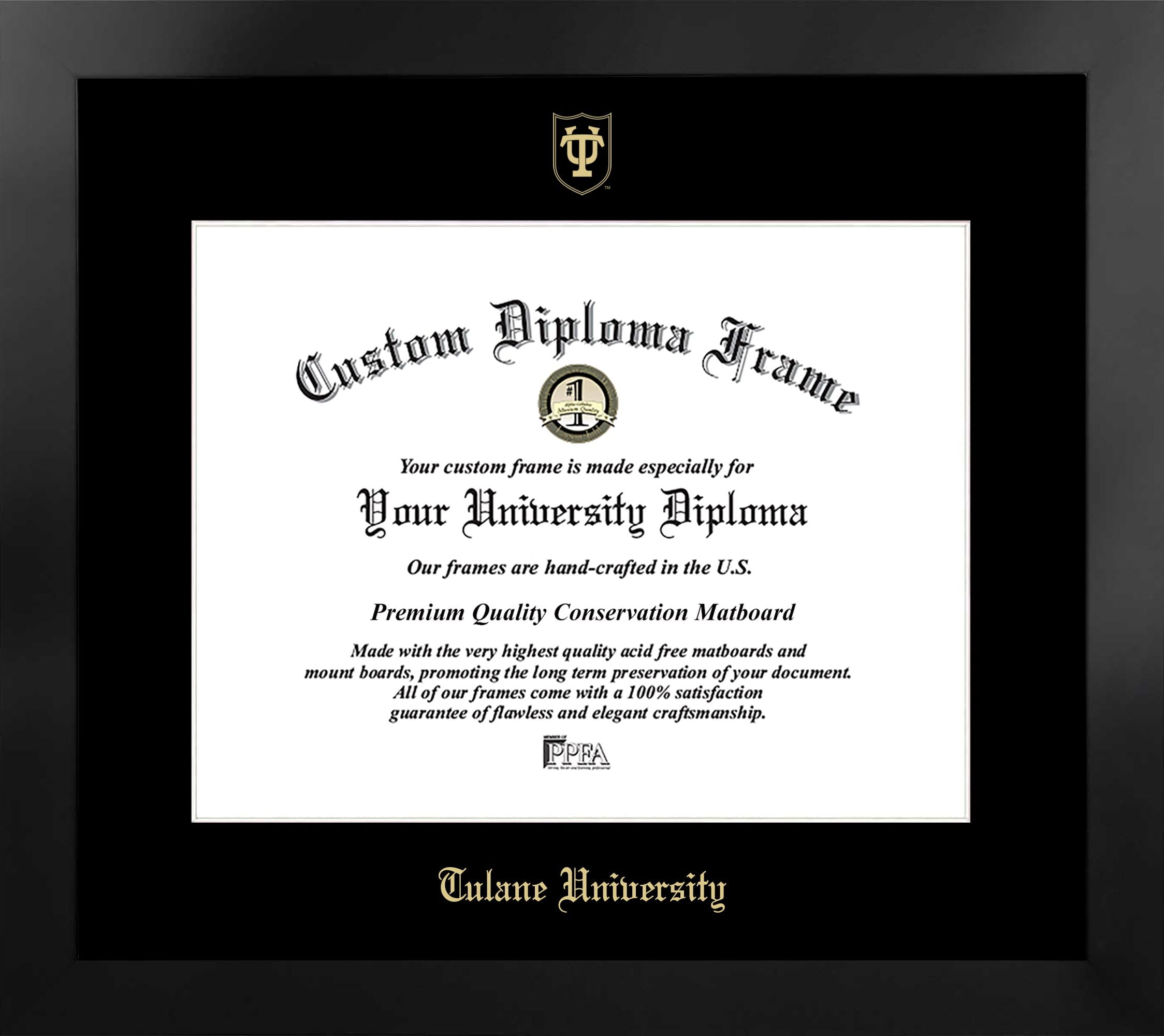 Tulane University 17w x 14h Manhattan Black Single Mat Gold Embossed Diploma Frame with Bonus Campus Images Lithograph (value savings at $59)