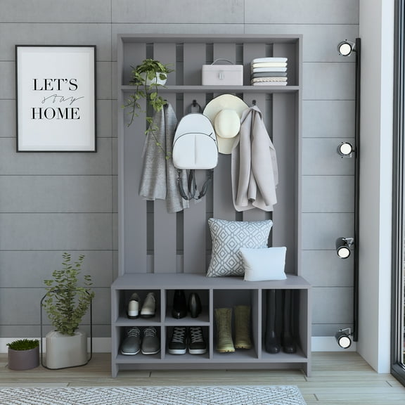 Tulcan Hall Tree with Bench, Shoe Storage & Coat Rack, Smoke Grey, 38"W
