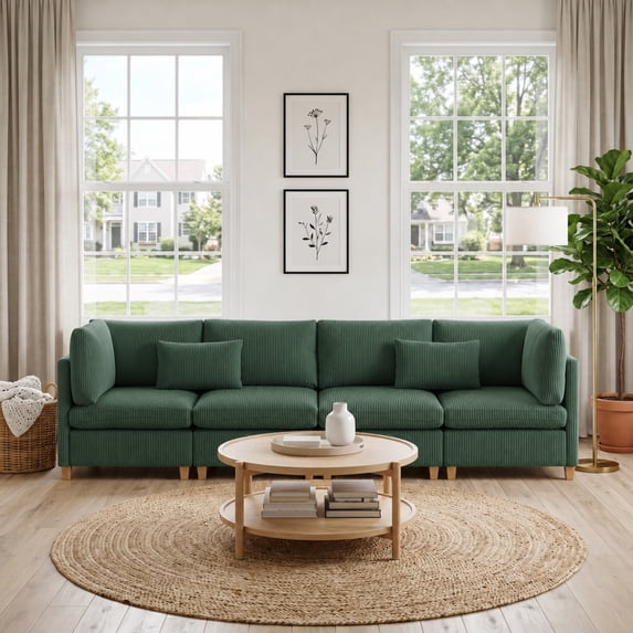 Tulib 126.4" Corduroy Sectional Sofa with Extra Deep Seats, 4 Seater Sofa Couch for Living Room, Apartment and Small Space,Green