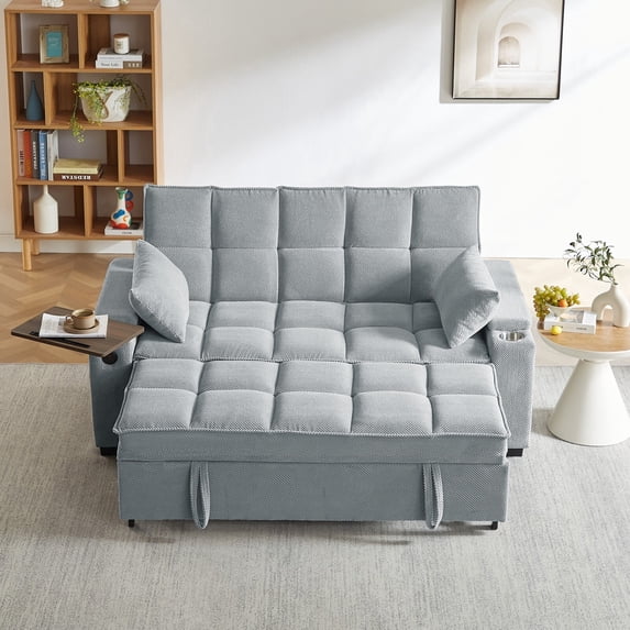 Tulib 3-in-1 Convertible Sleeper Sofa Bed, Pull Out Loveseat Couch with USB Charging Ports, Cup Holder & Swivel Side Table for Small Spaces, Light Gray