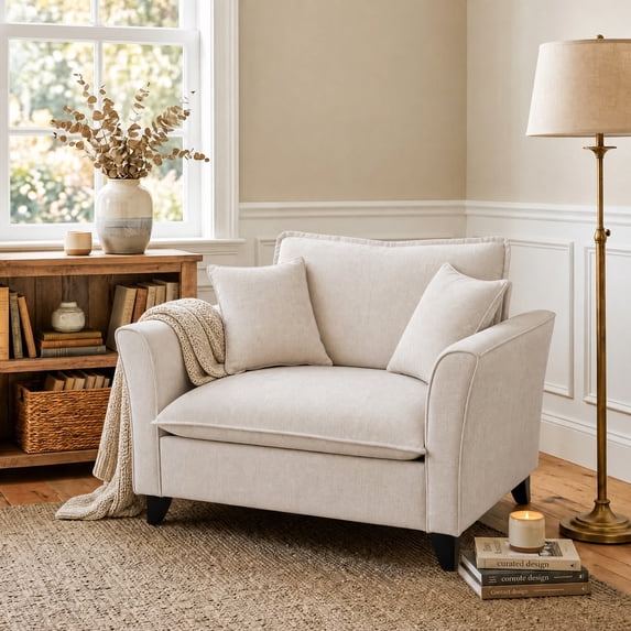 Tulib 46.5" Reading Chair, Chenille Accent Chair for Living Room Bedroom Office and Small Spaces, Modern Armchair with Pillows for Adults, Beige