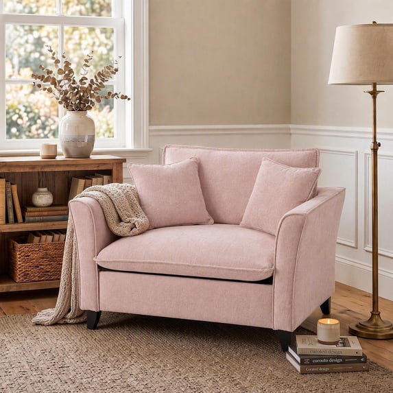 Tulib 46.5" Chenille Accent Chair, Reading Chair with Pillows, Modern Armchair for Living Room Bedroom Office and Small Spaces, Pink