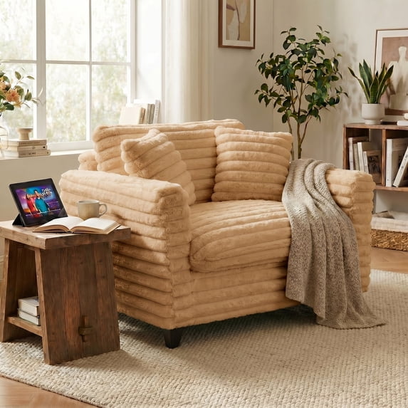 Tulib 46.5" Corduroy Accent Chair, Comfy Reading Chair for Living Room Bedroom Office and Apartment, Modern Armchair with Pillows for Adults, Light Brown