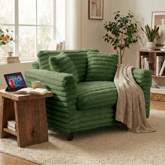 Tulib 46.5" Corduroy Accent Chair, Comfy Reading Chair for Living Room Bedroom Office and Apartment, Modern Armchair with Pillows for Adults, Green