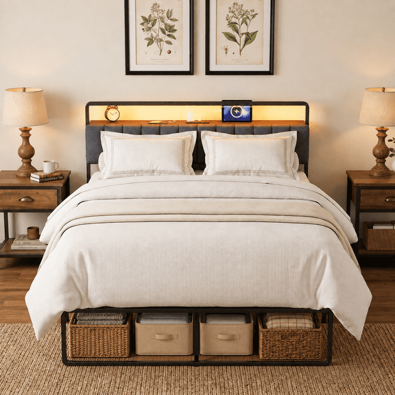Tulib Full Size Metal Bed Frame with Upholstered Headboard, RGB LED Lights & Charging Station, Heavy Duty Platform Bed with Under-Bed Storage, No Box Spring Needed, Easy Assembly