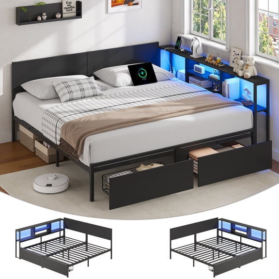 Tulib King Corner Bed Frame with 2 Storage Drawers & Bookcase Headboard, 2-in-1 Metal Platform Bed Converts to Two Twin Beds, RGB LED Lights, Charging Station, Black