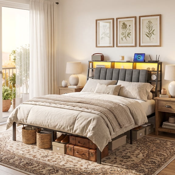 Tulib Queen Bed Frame, Queen Size Platform Bed Frame with Headboard, Underbed Storage and Charging Station, Upholstered Queen Bed Frame, No Box Spring, 800lbs, Easy Assembly