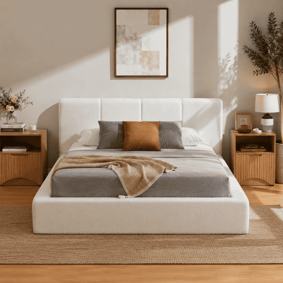 Tulib Queen Size Cloud Bed Frame with 34.6" Channel Tufted Headboard, Soft Chenille Upholstered Platform Bed, Rounded Padded Frame, 1000 lbs Capacity, No Box Spring Needed, White
