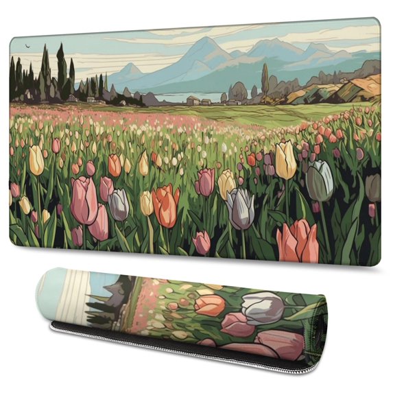 Tulip Anime Pink Red Green Gaming Mouse Mat, Rectangle 3XL Extra Large Mouse Pad 47.3 X 23.6 Inches Non-Slip Rubber Gaming Mouse Pad with Stitched Edges, Office Mouse Pad for Women Men Kids