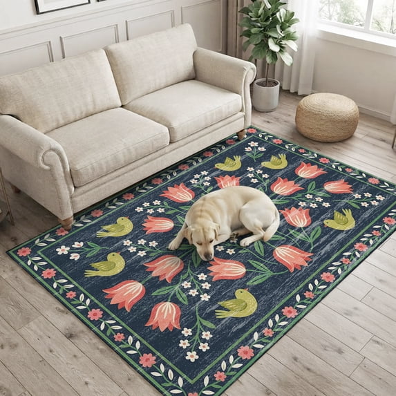 Pink Rug Room Tulip Area Rugs 4x6ft Rustic Vintage Pink Yellow Floral Leaf Linear ...