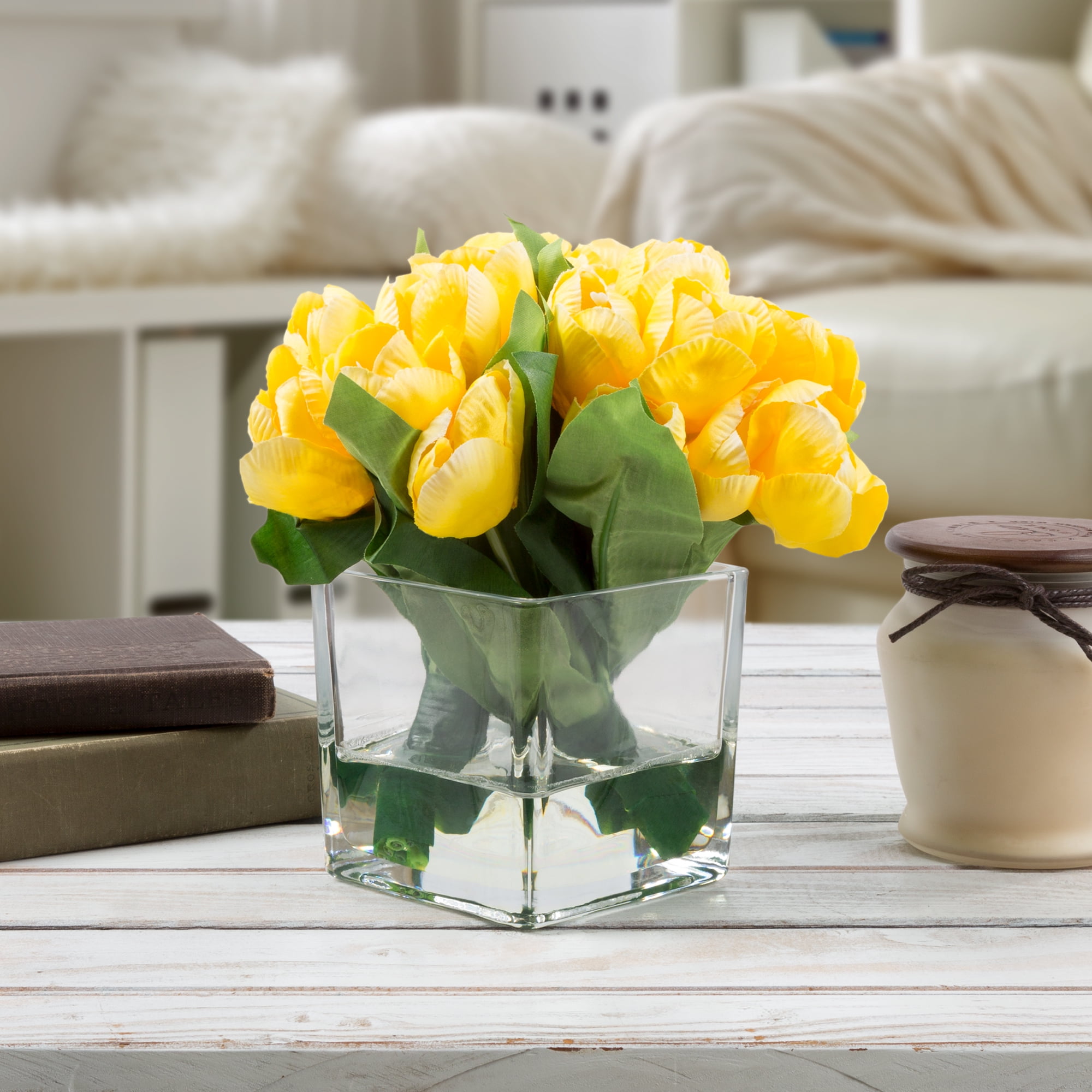 Tulip Artificial Floral Arrangement with Vase and Faux Water Fake Flowers for Home Decor