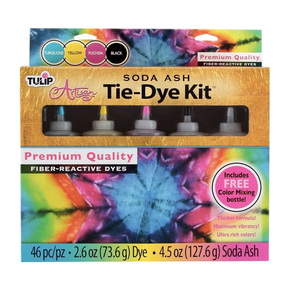 Tulip Artisan Soda Ash Tie-Dye Kit, 4-Color Fiber Reactive Dye Set with Mixing Bottle, Soda Ash, Gloves & Supplies