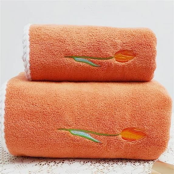 Tulip Bath Towel Orange C, Coral Velvet Towel Towel Cover Towel Kid and Children's Soft Absorbent Flower for Home Use(Towel*1+Bath Towel*1)