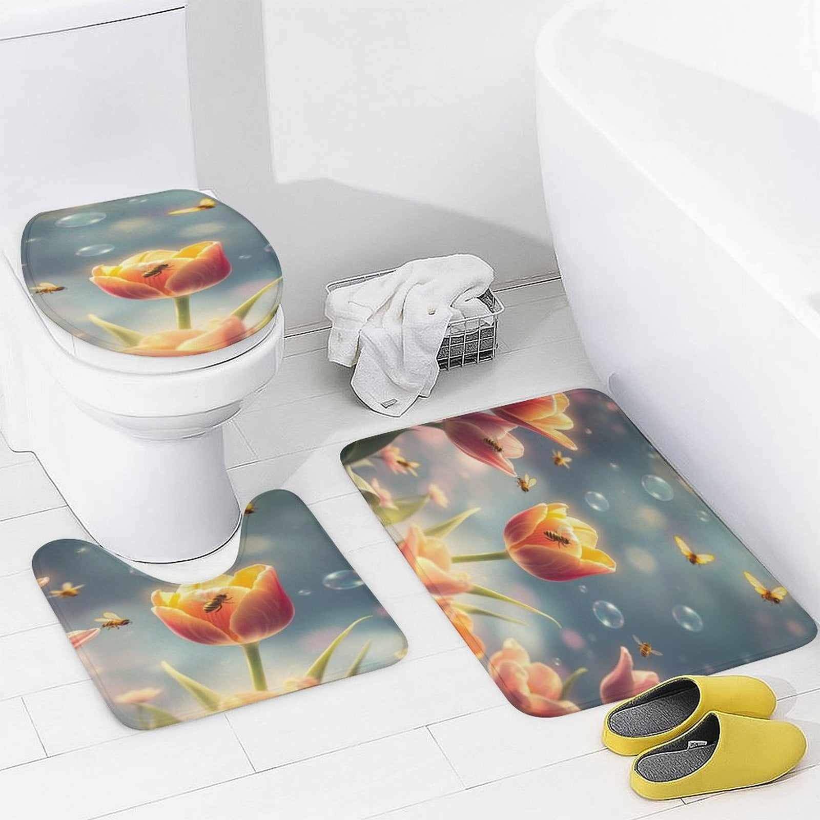 Tulip Bathroom Rugs Set 3 Piece with Non-Slip Bath Rugs Toilet Lid ...