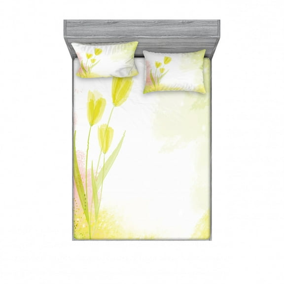 Tulip Bedding Set with Sheet & Covers, Watercolors Background with Soft Pure Pastel Tone Effects Heralds of Spring Design, Printed Bedroom Decor 2 Shams, 4 Sizes, Green Beige, by Ambesonne