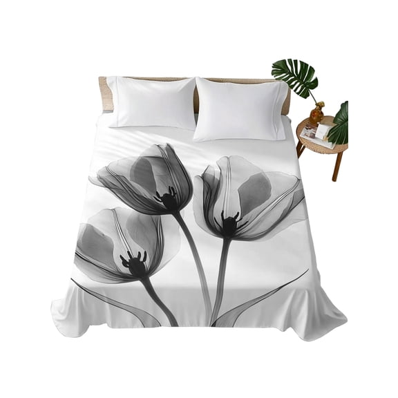 Tulip Black White Flat Sheet Only Twin Size, Soft Breathable Bed Top Sheets for Mattress, Spring Floral Botanical Bloom Luxury Bedding Flat Sheets for Home Hotel Bedroom Bed Protection
