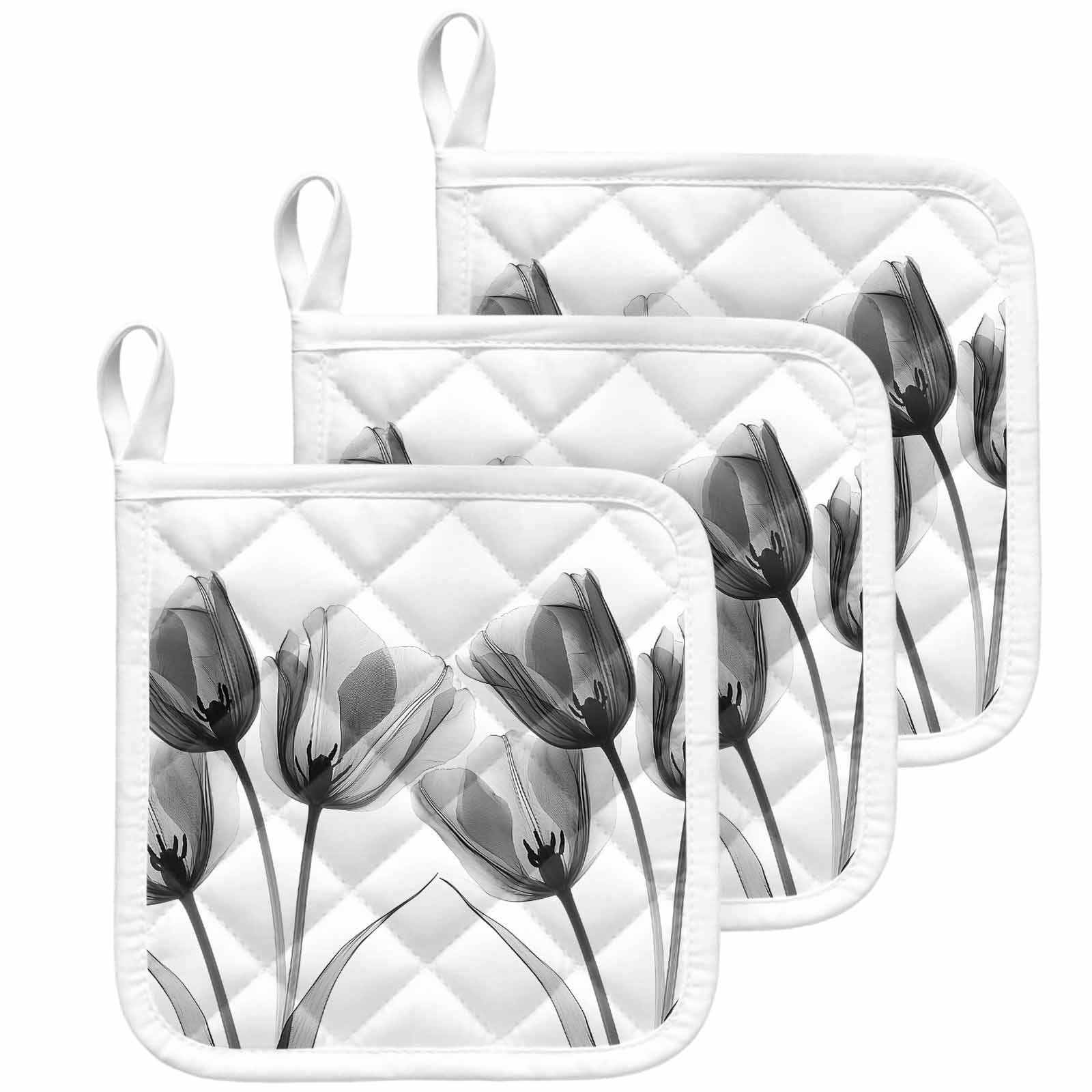 Tulip Black White Pot Holders for Kitchen Heatproof Potholder, 3 Pack Spring Floral Botanical Bloom Hot Pads Multipurpose Oven Pads Cloth Potholders Trivet for Cooking Baking