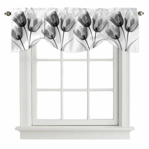 Tulip Black White Tie Up Valance Curtains for Windows, Kitchen Curtains Window Shades, Spring Floral Botanical Bloom Light Filtering Roman Curtain Valances for Bedroom/Bathroom/Cafe 42"x12"