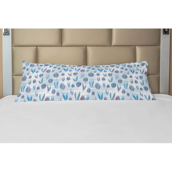 Tulip Body Pillow Case Cover with Zipper, Different Size Tiled Tulips Illustration with Explicit Motley Lines Design Print, Decorative Accent Long Pillowcase, Blue, by Ambesonne