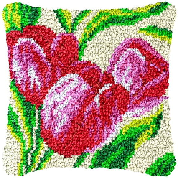 Tulip Bonquet Latch Hook Kits Pillow Cover DIY Rug Making Crochet Hook Cushion Making Kits with Preprinted Pattern Canvas DIY Needlework Crochet Kits Sofa Decor 43x43cm