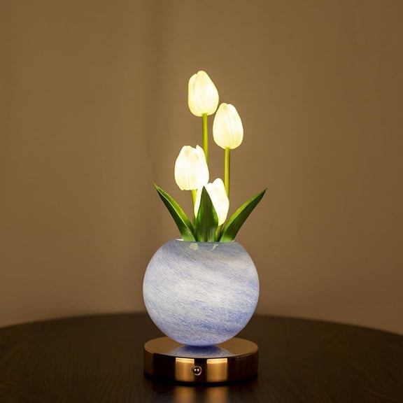 Tulip Bouquet Night Light, Touch Control Glass Flower Lamp, 3 Color Dimmable LED Light, USB Rechargeable Decor Lamp for Bedroom and Gifting