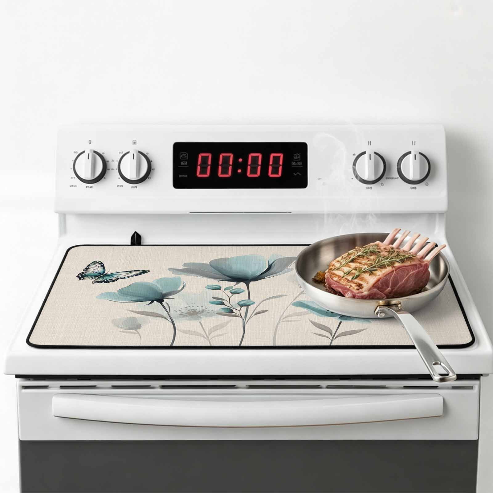 Tulip Butterfly Stove Top Cover for Electric Stove, Heat-proof & Non Slip Glass Top Stove Cover Protector, Vintage Spring Botanical Flowers Floral Kitchen Flat Cooktop Rubber Mat 24x21 Inches