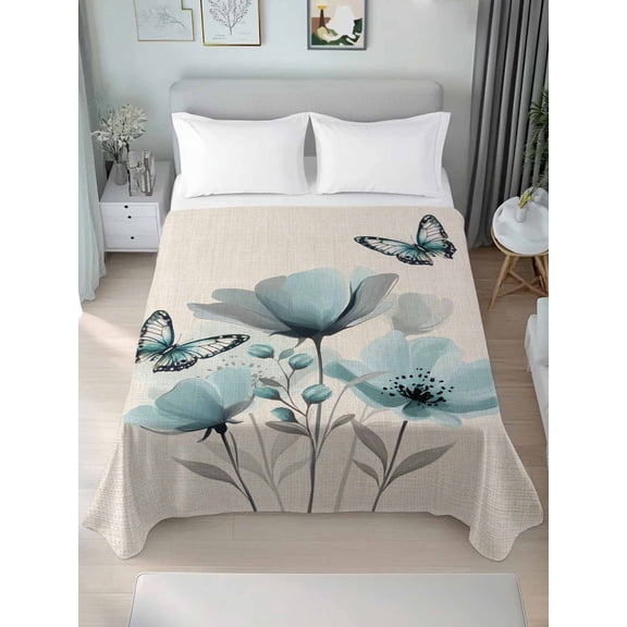 Tulip Butterfly Twim Size Flat Sheet, Wrinkleproof & Fadeproof Cooling Flat Bed Sheet Only, Vintage Spring Botanical Flowers Floral Breathable Soft Bedding Top Sheets 66 x 96 Inches
