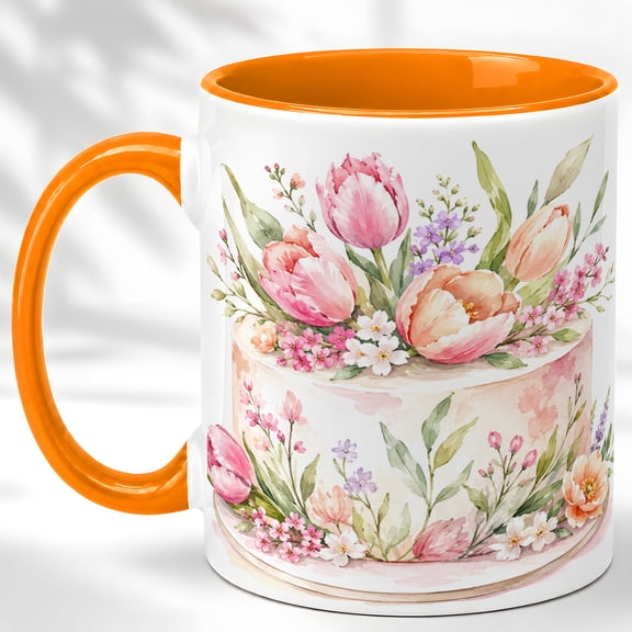 Tulip Cake Coffee Mug, Spring Floral Dessert Cup, Watercolor Birthday Cake Art Gift for Her, Pink Garden Design, Ceramic 11 Oz Mug
