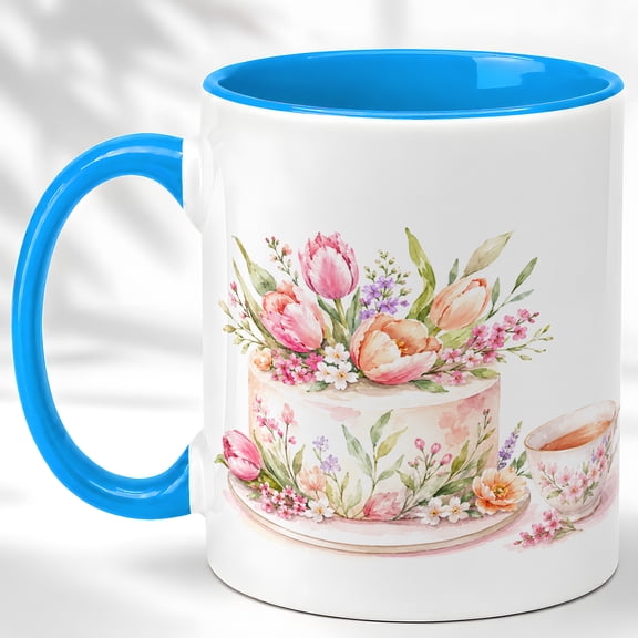 Tulip Cake Tea Mug, Spring Floral Dessert Cup, Watercolor Cake and Teacup Art Gift for Women, Garden Tea Party, Ceramic 11 Oz Mug