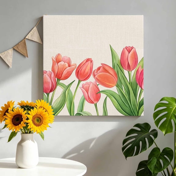 Tulip Canvas Wall Art, Rustic Watercolor Pink Tulip Spring Floral Leaves Linen Pictures Wall Decor Wooden Framed Artwork Art Prints for Living Room Hallway Bedroom Office 10"x10"