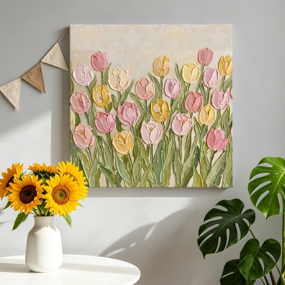 Tulip Canvas Wall Art, Spring Rustic Pink Yellow Flower Oil Painting Framed Canvas Wall Decor Picture Print Artwork Decorations for Living Room Office Ready to Hang 10" x 10"