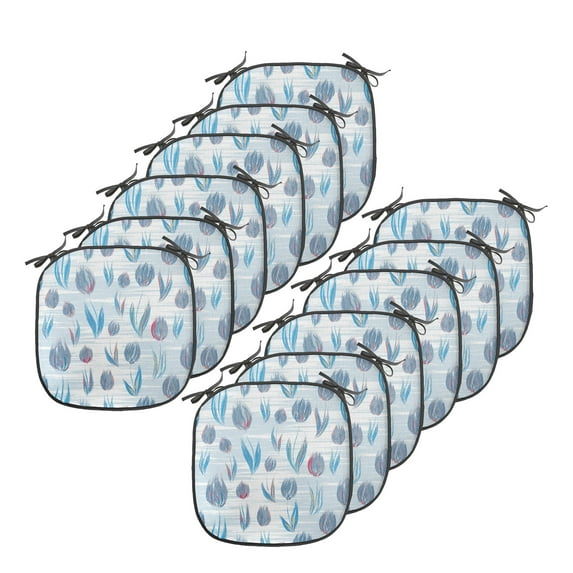 Tulip Chair Seating Cushion Set of 12, Different Size Tiled Tulips Illustration with Explicit Motley Lines Design Print, Seat Pads for Office with Anti-slip Backing, 16"x16", Blue, by Ambesonne