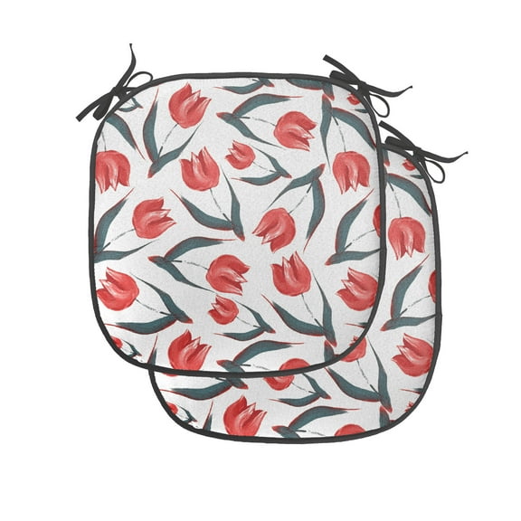 Tulip Chair Seating Cushion Set of 2, Original Vintage Inspired Irregular Dutch Tulips and Leaf Ornate Boho Retro Artprint, Seat Pads with Anti-slip Backing, 16"x16", Red Green, by Ambesonne