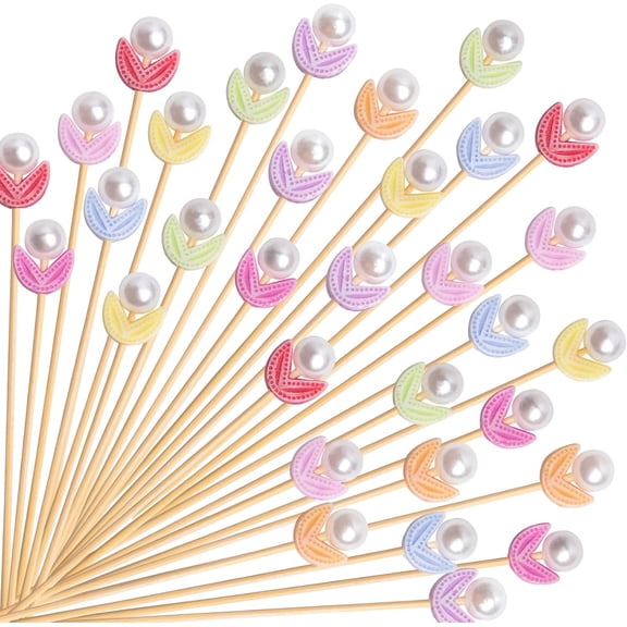 Tulip Cocktail Picks Pearl Flower Decorative Toothpicks for Cocktail Sticks Appetizers Fruits Drink Garnish Party Supplies