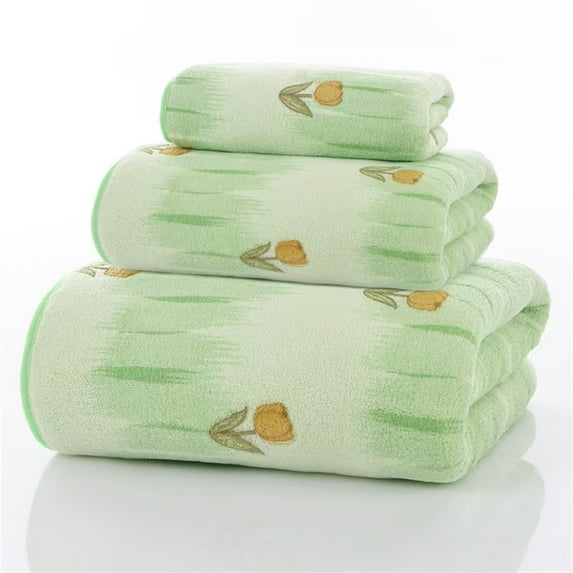 Tulip Coral Fleece Bath Towel Green E,Towel*1+Bath Towel*1+Hand Towel*1,Coral Velvet Towel Three Piece Set: A Luxurious and Soft Absorbent Souvenir A Warm and Thoughtful Choice