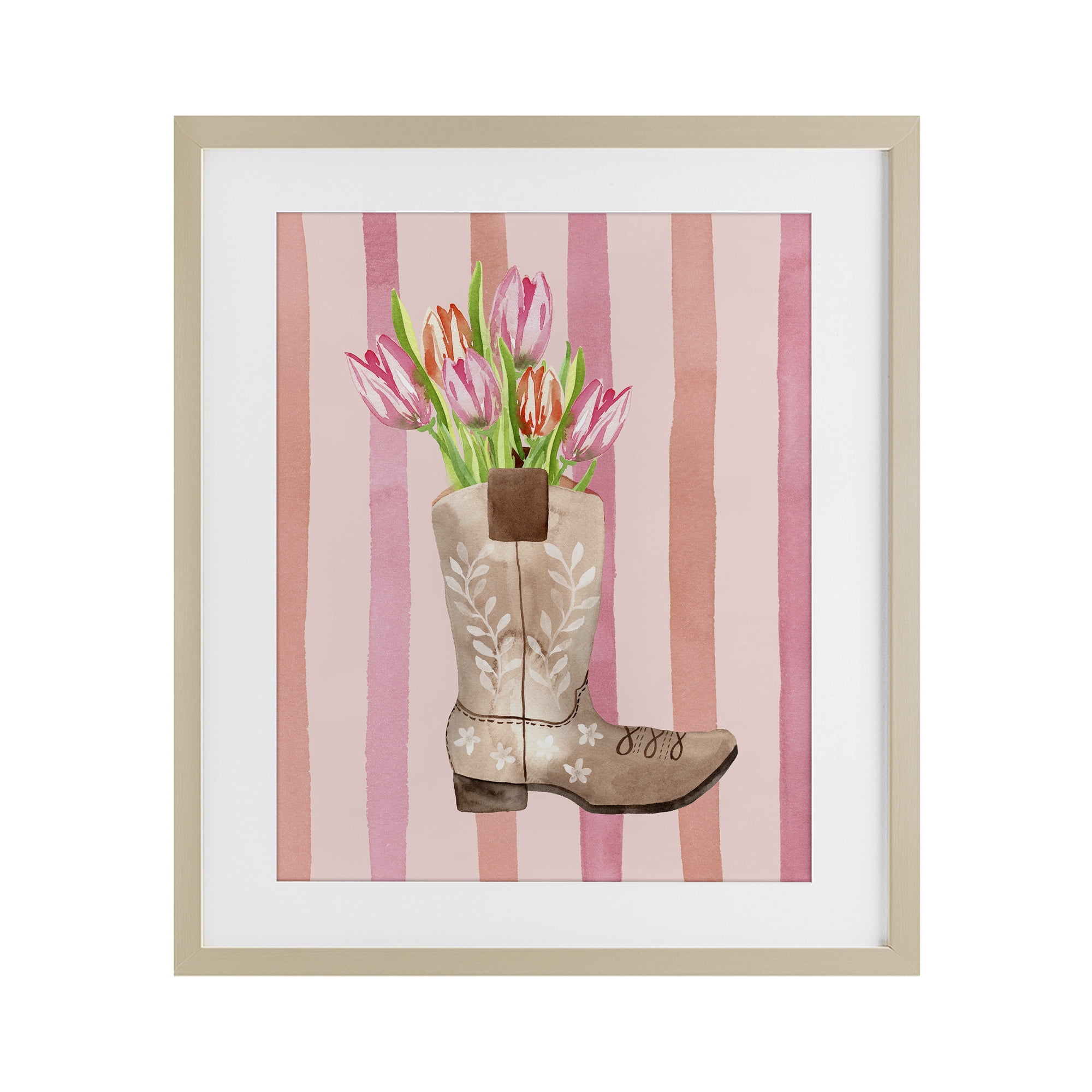 Tulip Cowgirl on Stripes Birch Framed Print Under Glass, design by Nina Jacobs