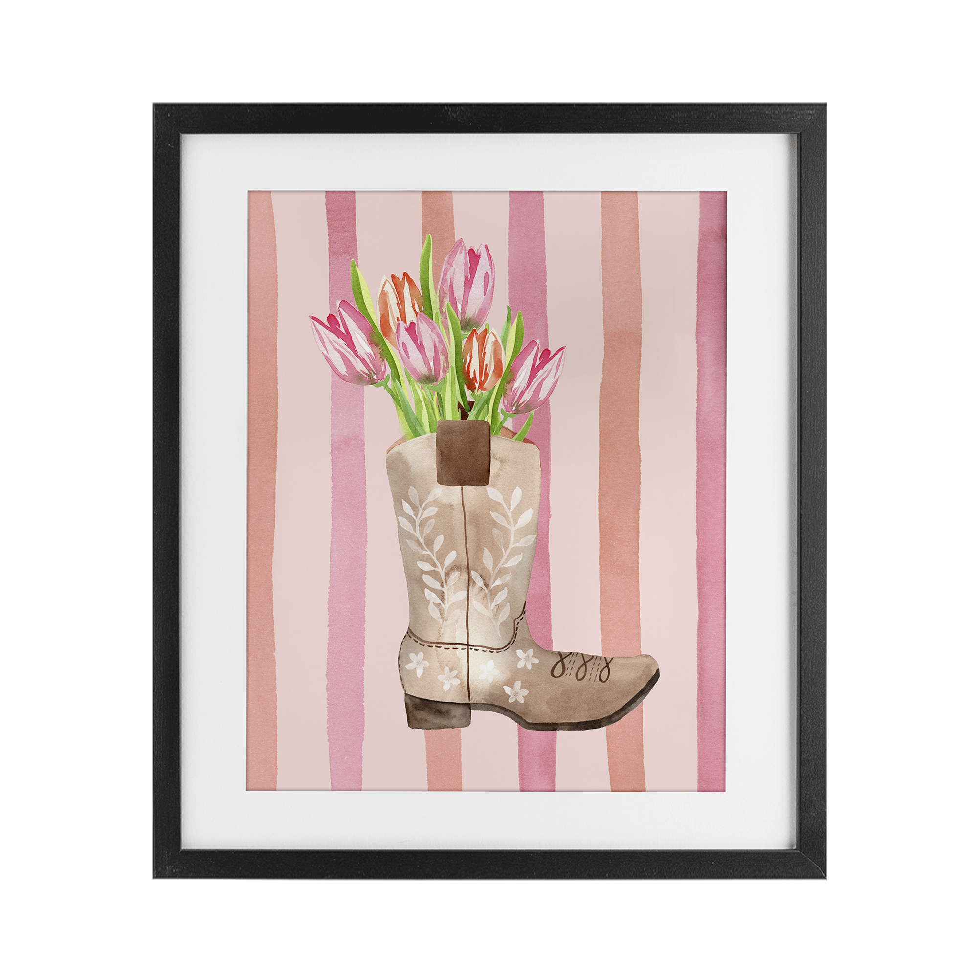 Tulip Cowgirl on Stripes Black Framed Print Under Glass, design by Nina Jacobs