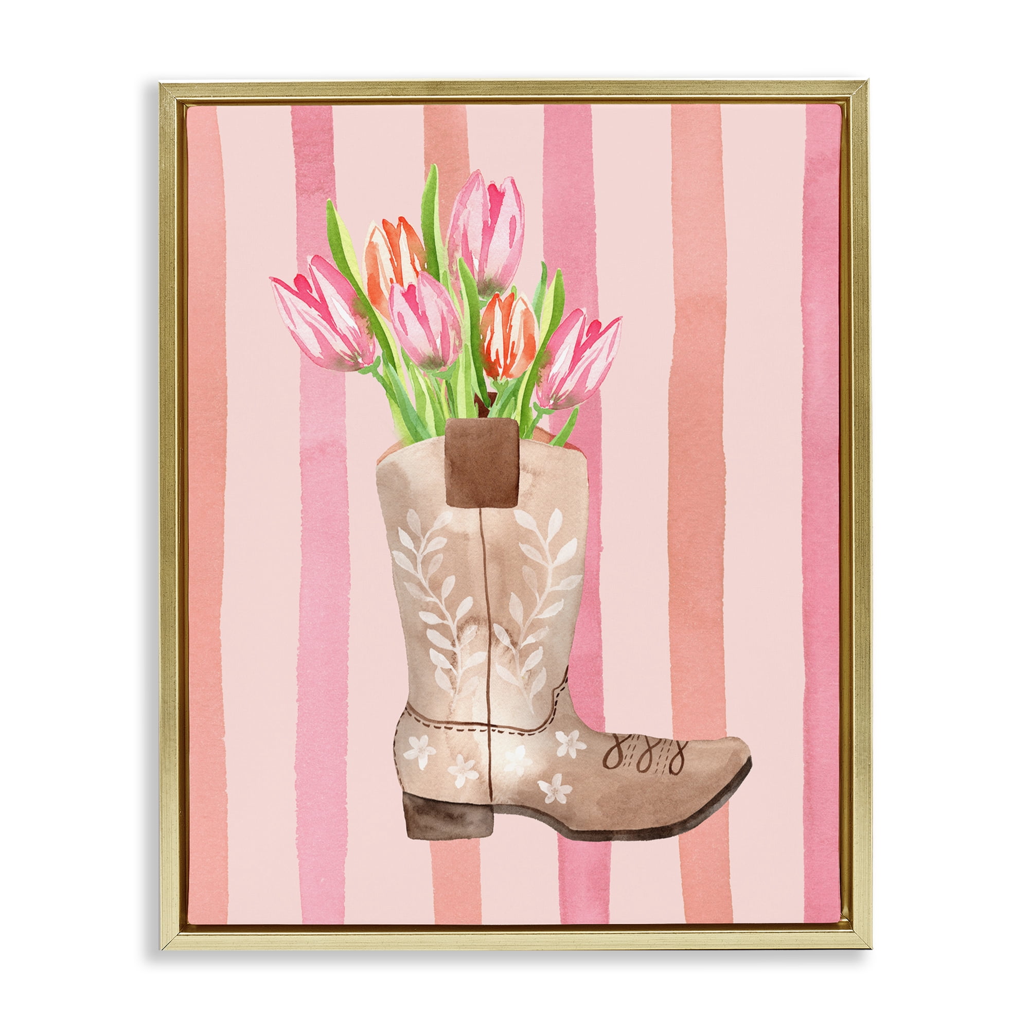 Tulip Cowgirl on Stripes Gold Framed Floater Canvas Wall Art, design by Nina Jacobs